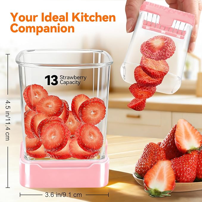 Fruit Slicer Cup for Strawberry, Banana, Hard-Boiled Egg - Detachable Cutter with Push Plate - Rapid & Safe Slicing Kitchen Gadget for Quick Meal Prep, Pink