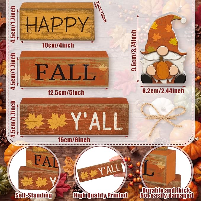 Lineshading 4 Pcs Fall Table Decor Wooden Block Signs with Gnome Set | Farmhouse Home Tiered Tray Pieces, Happy Fall Y'all Sentiment with Pumpkin Gnome, Rustic Thanksgiving Centerpiece