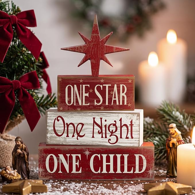 Lineshading 4 Pcs Christmas Nativity Table Decor, Bethlehem Star Wood Sign | Red Rustic Christmas Tiered Tray Decor, Nativity Wood Stacked Sign, Tray Kitchen Shelf Home Decor, Holiday Centerpiece