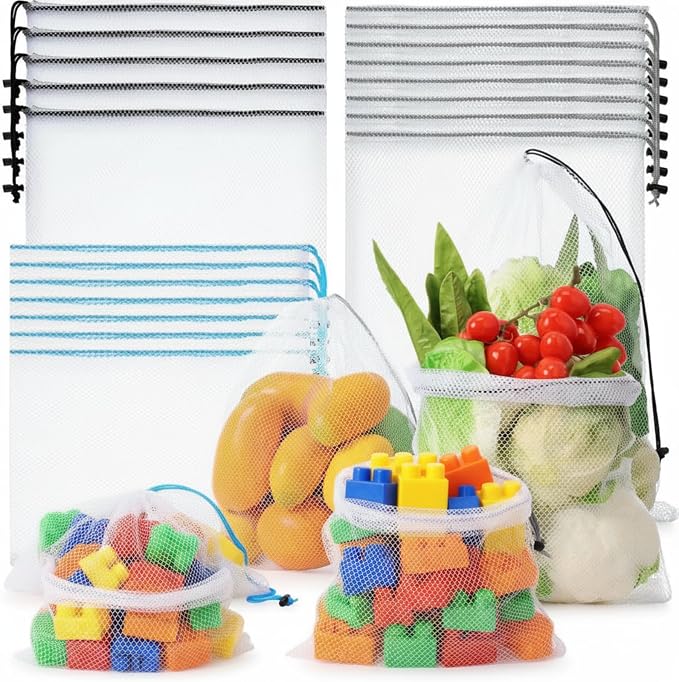 Frienda 20 Pcs Mesh Bags for Toys Storage 3 Sizes Reusable Produce Bags with Drawstring for Beach Bath Pool Toy Organizer, Fruits Vegetable Grocery Playroom Storage(Black, Gray, Blue)