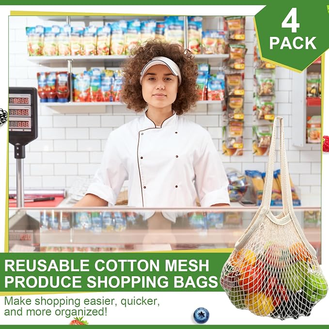 Paterr 4 Pack Cotton Mesh Produce Bags Bulk,Long Handle,Beige | Reusable Mesh Grocery Bags Bulk, Washable Net Market Tote String Shopping Bags, for Vegetable Fruit Beach Picnic Food Storage