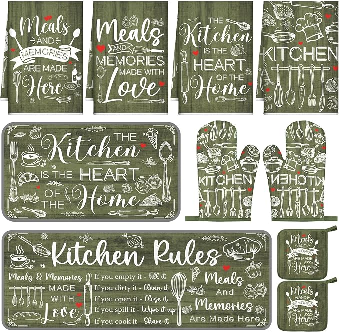 Fourluoo 10 Pcs Sage Green Kitchen Decor Farmhouse Oven Mitts and Pot Holders Sets Green Dish Towels Rustic Vintage Kitchen Rugs Mats for Women Home Decorations Baking Cooking Birthday Summer Gifts