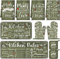 Fourluoo 10 Pcs Sage Green Kitchen Decor Farmhouse Oven Mitts and Pot Holders Sets Green Dish Towels Rustic Vintage Kitchen Rugs Mats for Women Home Decorations Baking Cooking Birthday Summer Gifts