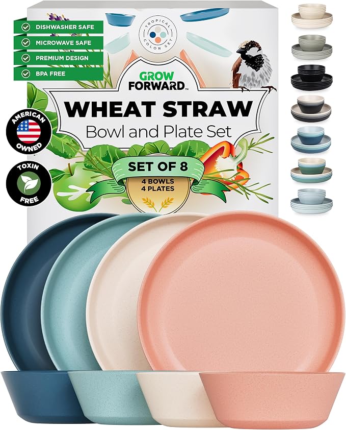Grow Forward Premium Wheat Straw Plates and Bowls Sets - 8-Piece Wheat Straw Dinnerware Sets - Unbreakable & Reusable Microwave Safe Plastic Dinner Plates for Outdoors, RV, Camping Dishes - Tropical