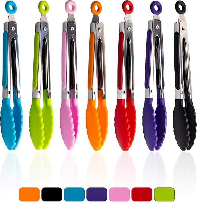 7 Pack Kitchen Tongs Set 7-Inch Color Mini Small Food Tongs with Stainless Steel Silicon Handles and Nylon Tips Heat Resistant Tongs for Cooking, Serving, BBQ, Grilling, Salad and More