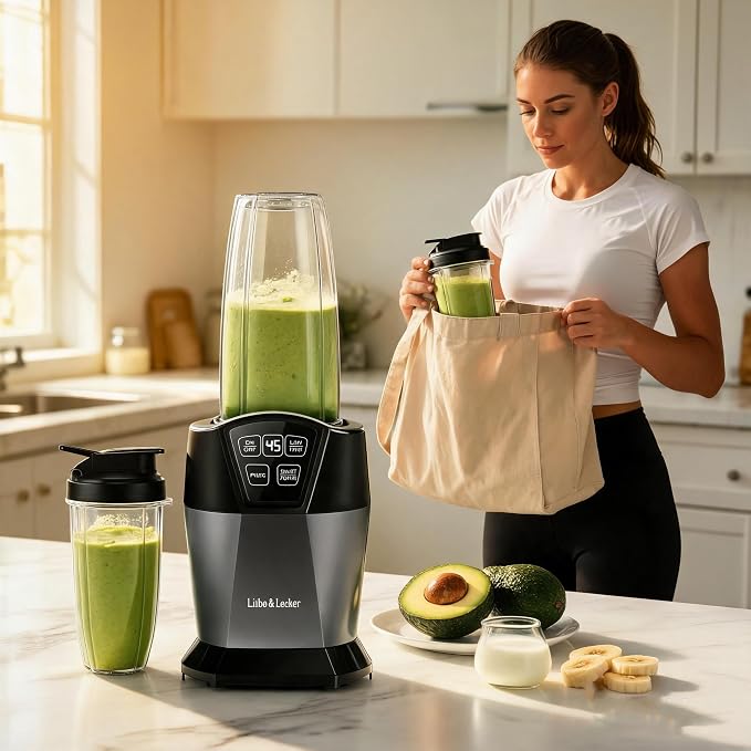 Liebe&Lecker Personal Blender, 1200 Peak Watts Smoothie Blender for Kitchen | Countertop Blenders with 6-Leaf Blade, Two 28-oz To-Go Cups & Spout Lids for Frozen Drinks, Meal Prep, Zero BPA