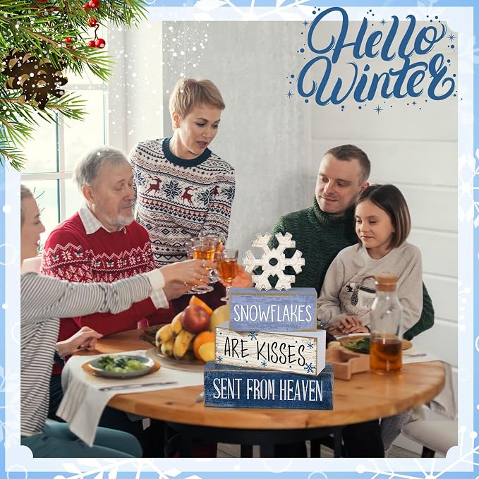 Lineshading 4 Pcs Wooden Snowflake Signs Farmhouse Tiered Tray Decor | Rustic Wooden Blocks for Tabletop or Mantel, Winter Home Decorations, Gift Set for Tiered Tray Filler