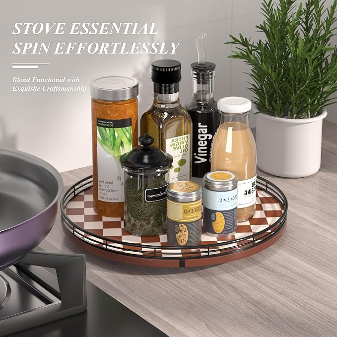 AMH 13-Inch Brown White Checkerboard Lazy Susan with Black Metal Rail | Smooth rotating oak tray with walnut finish for dining tables, kitchen counters, pantries and cabinet storage.