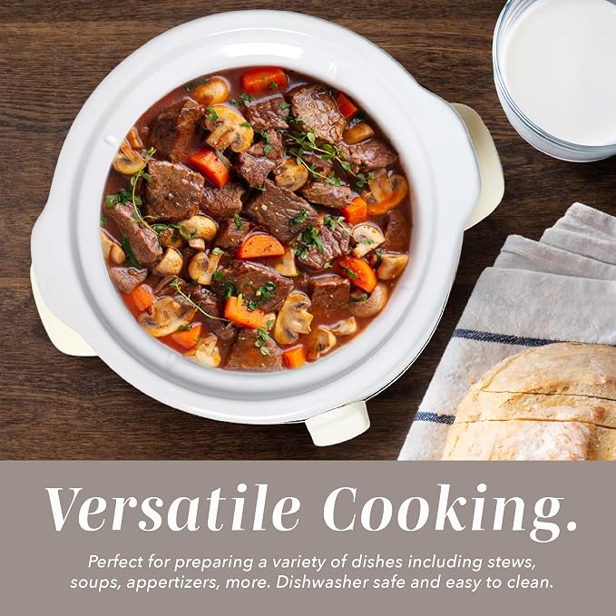 COOK WITH COLOR 2QT Mini Electric Round Slow Cooker - Adjustable Settings, Removable Stoneware Pot, Tempered Glass Lid, Dishwasher Safe, Cool-Touch Side Handles, Cream