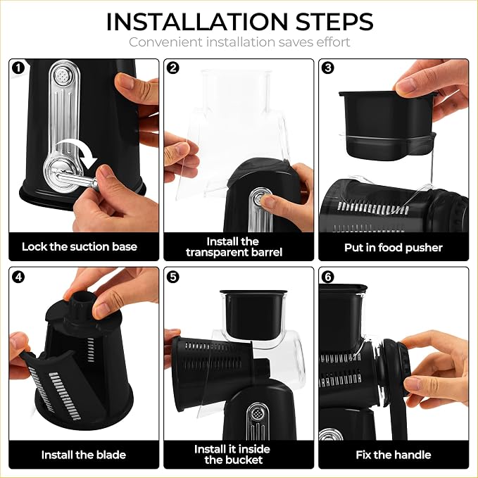 SUSTEAS Rotary Cheese Grater 5 Blades,Kitchen Mandoline Vegetable Slicer | Black, Easy to Clean, Strong Suction Base, 5 Blades Storage Box, Round Mandoline Slicer & Food Chopper for Salad