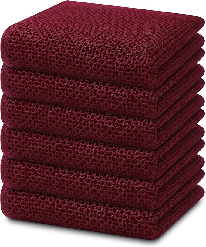 Homaxy 100% Cotton Waffle Weave Kitchen Dish Towels 6-Pack, Burgundy | 13 x 28 Inches, Ultra Soft Absorbent Dish Towels, Quick Drying Cleaning Towels