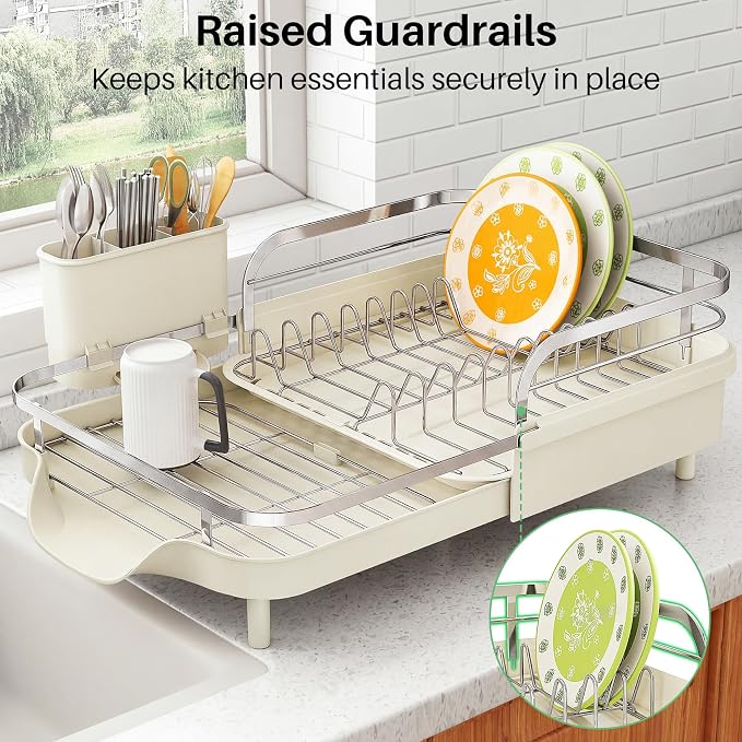 SAYZH Expandable Dish Drying Rack for Small Kitchen Counter, Beige | Stainless Steel, Protective Guardrail, Angled Drainboard, Fits High-Rim Sinks, Removable Utensil Holder