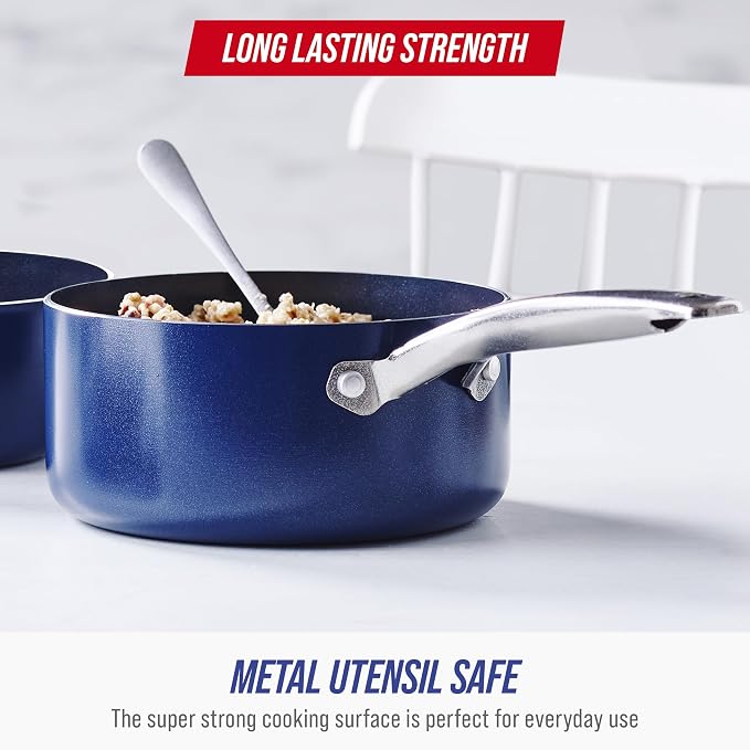 Blue Diamond 2QT Diamond Infused Ceramic Nonstick Sauce Pan with Lid, Blue | PFAS-Free Ceramic Nonstick Chef Pot, Dishwasher & Oven Safe, Durable Metal Utensil Safe, Soups, Glass Lid