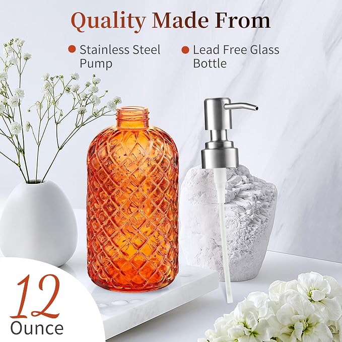 Kaishun Refillable Glass Soap Dispenser (2PC) for Hand Soap & Lotion,Orange