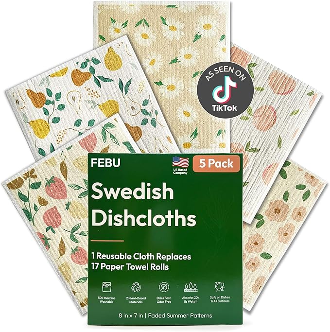 Swedish Dishcloths for Kitchen, 5 Pack, Faded Summer | Reusable Paper Towels Washable, Swedish Dish Towels, Non-Scratch Cellulose Sponge Cloths