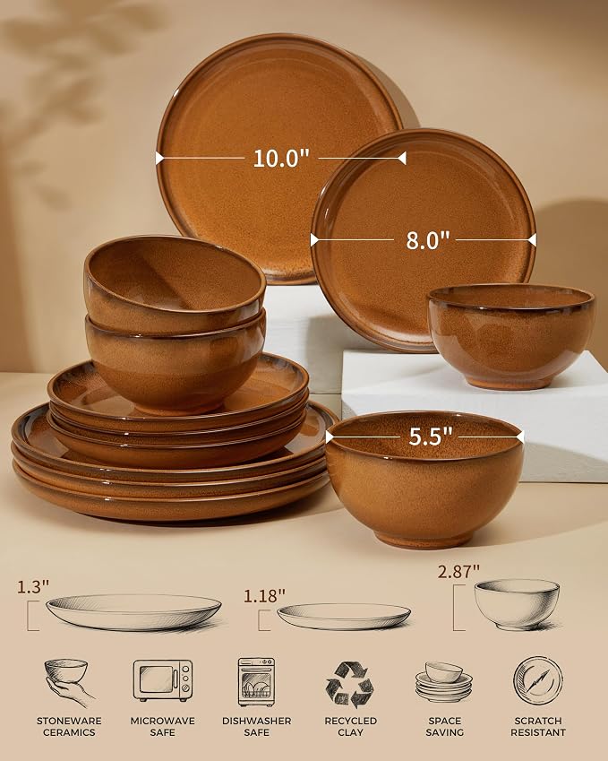 Santorini Mist Terracotta Reactive Glaze Plates and Bowls Sets, Stoneware Dinnerware Sets, Microwave and Dishwasher Safe Ceramic Dish Set Service for 4, Caramel Brown
