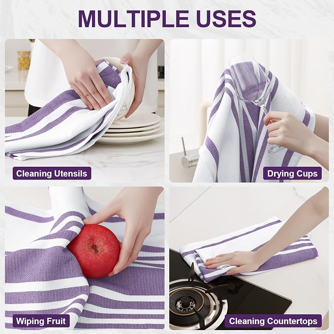 Homaxy Premium Cotton Stripe Kitchen Towels 6 Pack, 18"x 28", Purple | Large 380 GSM Kitchen Hand Towels, Soft Terry Dish Towels, Highly Absorbent Tea Towel Set with Hanging Loop