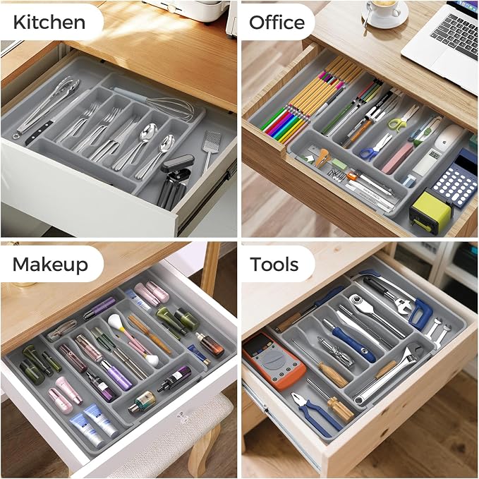 ukeetap Extra Large Expandable Silverware Organizer, Flatware Tray,Gray | BPA-Free Food-Safe Kitchen Utensil Cutlery Drawer Organizer, Adjustable Silverware Holder for Spoons Forks Knives