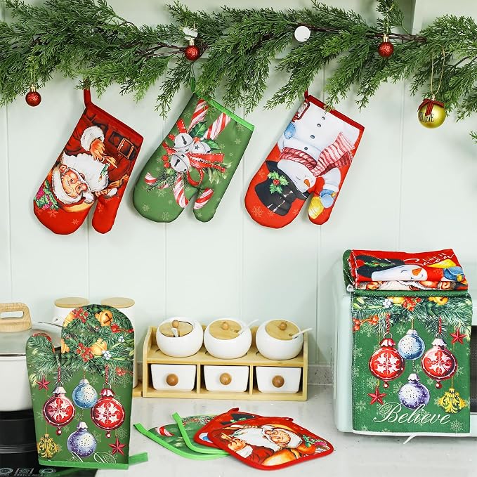 SiliFine 12 Pcs Traditional Christmas Kitchen Accessories Set Snowman Pot Holders Santa Oven Mitts Xmas Candy Cane Ornament Kitchen Towels for Christmas Home Decorations, Cooking Baking Holiday Gifts