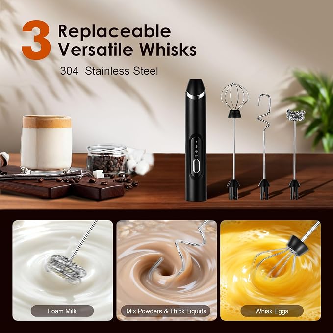 Rechargeable Milk Frother with Stand,Coffee Frother,Drink Mixer（Black) | Rechargeable Mixer Wand, Electric Whisk for Protein Powder, Lattes, Cappuccino,Matcha, 3 Variable Speeds 3 Whisks