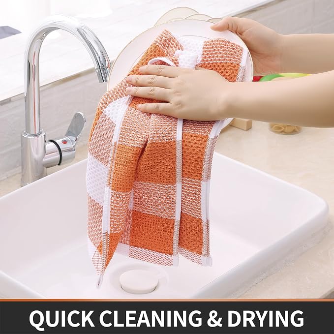 Homaxy Kitchen Towels and Dishcloths Set, Set of 8, White & Orange | Bulk Cotton Waffle Weave Check Plaid Kitchen Towels, Super Soft and Absorbent Dish Cloths, 12 x 12 and 13 x 28 Inches