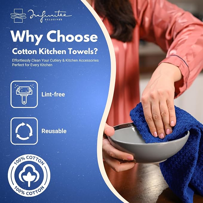 Infinitee Xclusives Kitchen Towels - 3 Pack - Cotton Dish Towel |15" x 25"| | 100% Cotton, Highly Absorbent Tea Towels - Lint Free, Soft, Durable & Quick Dry, Ideal for Drying Dishes & Kitchen Cleaning