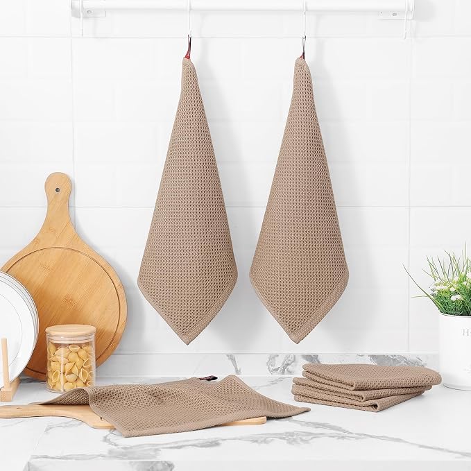 Kitinjoy 100% Cotton Waffle 8-Pack Kitchen Towels, 12" x 12", Tan | Ultra Absorbent, Super Soft, lightweight, Quick Drying Dish Rags for Washing Dishes