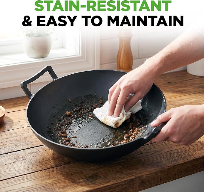 NutriChef 14" Cast Iron Wok with Wooden Lid - Pre-Seasoned Kadai for Stir-Fry with Loop Handles, Compatible with Multiple Cooktops Including Induction, Large 5.8 Qt Capacity