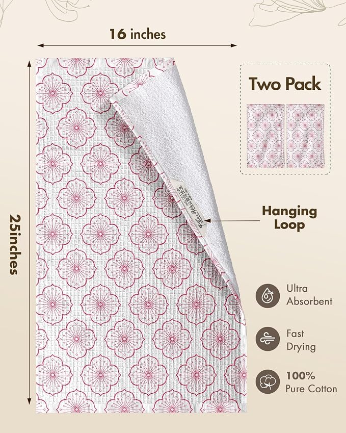 370GSM Cotton Waffle Kitchen Towels, Sakura | Pure Cotton, Sustainable, Waffle Weave, Terry Cloth, Highly Absorbent, Decorative, 16"x25", with Hanging Loop