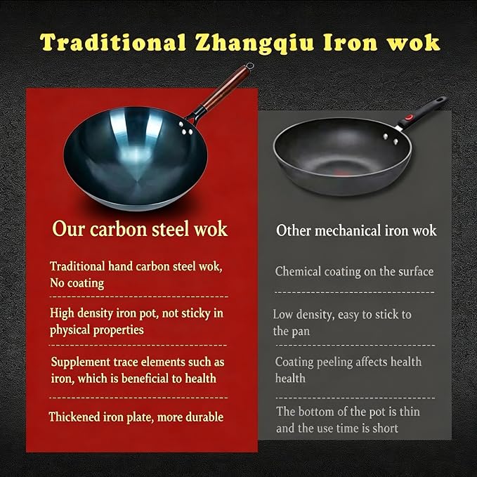 14-Inch Carbon Steel Wok, Round Bottom Traditional Chinese Wok with Wooden Handle and Wooden Lid, Uncoated Non-Stick Wok for Gas Stoves, Home Cooking, Camping, and as a Gift