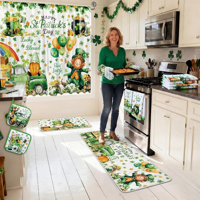 13 Pcs St. Patrick's Day Kitchen Decor Set 3 Shamrock Kitchen Curtains Valance 2 Irish Rugs and Mats 4 Hand Towels 2 Pot Holders 2 Oven Mitts for Home Decor Cooking Grilling Housewarming Gift