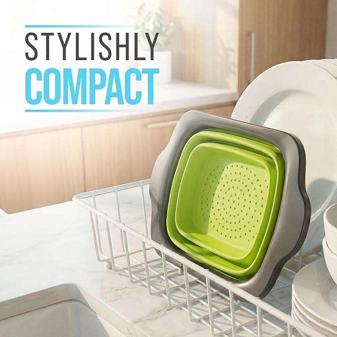 Comfify Green XL Collapsible Silicone Over Sink Colander – 6 Quart | Green; extends 25" to span sink; both hands free; collapses flat; 6 Qt; heat resistant 176F; pasta, veg, fruit