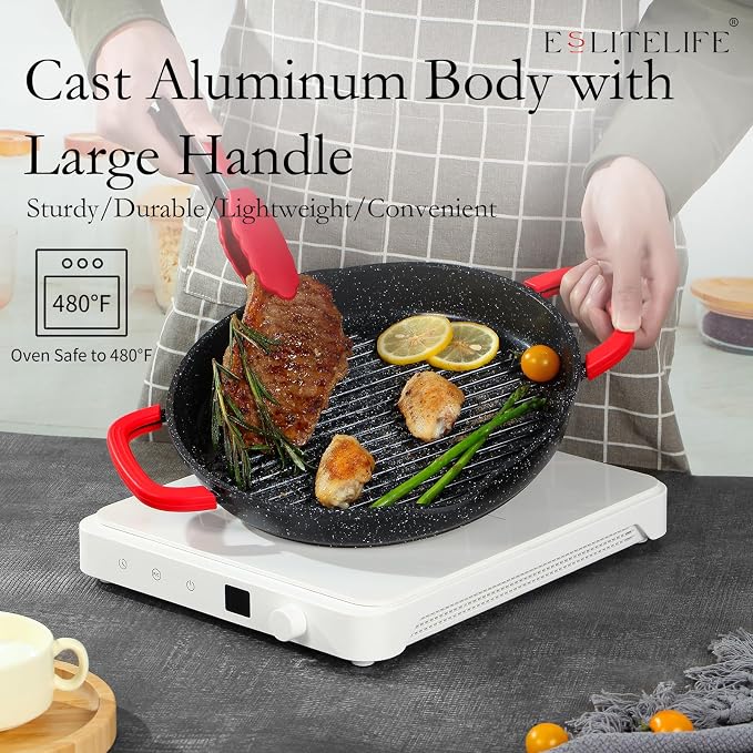 ESLITE LIFE Nonstick Grill Pan with Lid & Tongs for Stove Tops, 11 Inch Versatile Round Big Grilling Steak Pan with Pour Spouts for Indoor & Outdoor Cooking, PTFE & PFOA Free, Black