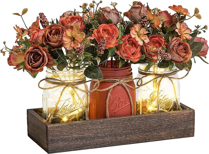 3 Pcs Mason Jar Centerpiece Table Decorations for Dining Table Decor Farmhouse Coffee Table Decor with Wood Tray and Led Light Table Centerpieces for Dining room Kitchen Living Bathroom,Orange | Rustic Farmhouse Decor for Home Décor Accents Kitchen Cou...