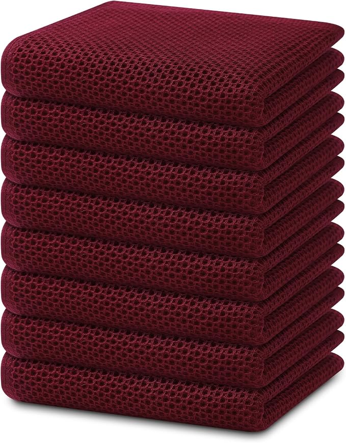 Homaxy 100% Cotton Waffle Weave Kitchen Dish Towels 8-Pack, Burgundy | 13 x 28 Inches, Ultra Soft Absorbent Dish Towels, Quick Drying Cleaning Towels