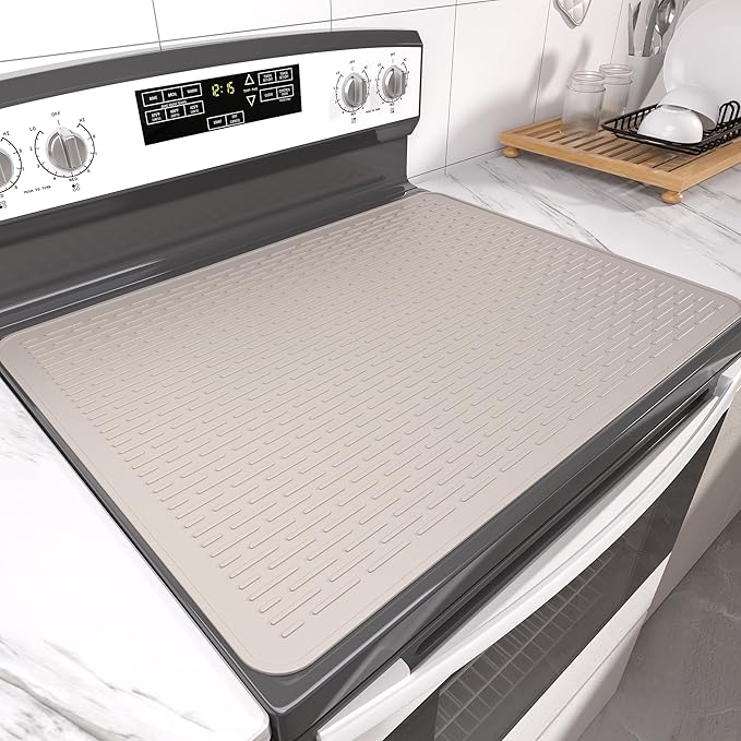 Stove Top Cover for Electric Stove- Range Covers for Electric Stove,Silicone XXL Dish Drying Mat, Glass Cooktop Covers, Flat RV Range top Mats (Taupe, 30"x21")