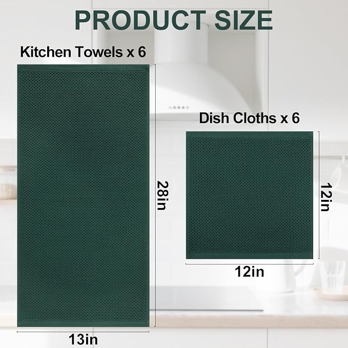 Homaxy 12 Pack 100% Cotton Kitchen Towels and Dishcloths Set,Blackish Green | 12 x 12 Inches and 13 x 28 Inches Kitchen Towels Set, Ultra Soft Absorbent Dish Cloths for Washing Dishes
