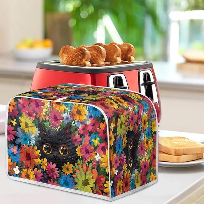 Cat Floral Print Toaster Cover 4 Slice Long Slot, Non Slip Bread Toaster Covers Dust Protection Small Appliance Covers