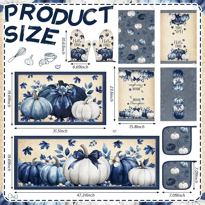 Fourluoo 10 Pcs Kitchen Dish Towels Rugs Oven Mitts and Pot Holders Set Farmhouse Kitchen Decor Set for Women Mom Daughter Gift Cooking Baking Grilling(Blue,Pumpkin)