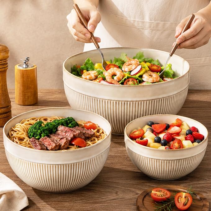 GBhome Ceramic Mixing Bowls Set of 3, Stoneware Nesting Serving Bowls | 45/90/150 oz For Prep, Baking, Serving, Gift, Microwave and Dishwasher Safe, Ribbed Dishware Collection,Cappuccino