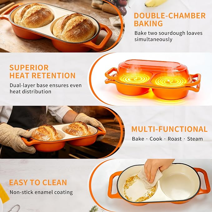 Double Dutch Oven Bread Baker, Enameled Cast Iron 2-in-1 Dual Chamber Sourdough Baker with Lid, Bake 2 Mini Loaves at Once, 500°F Oven Safe, Even Heat, Nonstick Interior for Artisan Bread