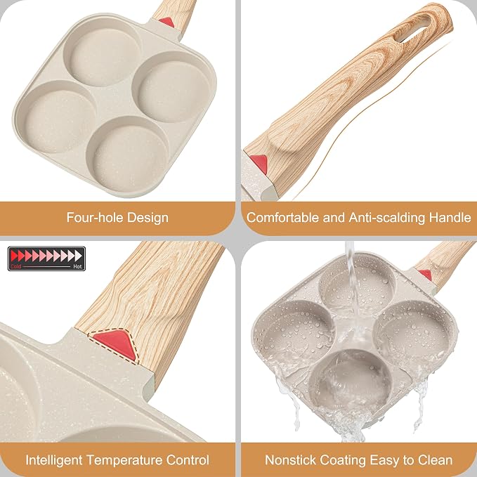 MyLifeUNIT Egg Frying Pan, 4-Cup Egg Pan Nonstick, Fried Egg Pan Skillet for Breakfast, Pancake, Hamburger, Sandwiches, Suitable for Gas Stove & Induction Cookware(White)