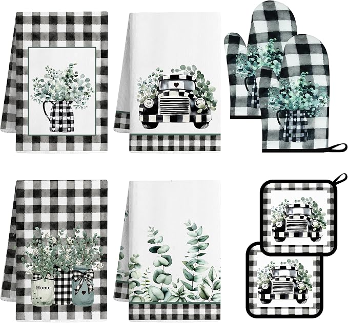 8 Pcs Kitchen Towels Pot Holders and Oven Mitt Set Kitchen Accessories 4 Dish Towels 2 Absorbent Square Potholders 2 Heat Resistant Glove for Cooking Baking Home (Green(Eucalyptus Leaf))