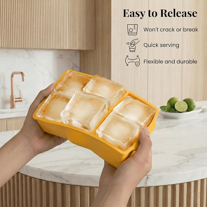 KitchFort® Large Silicone Ice Cube Tray (3-Pack) - 2" Big Ice Mold with Lid | Easy Release, Cocktail, Whiskey Ice Cubes Mold - Food Grade - Ice Cube Trays for Freezer - Stackable Silicone Ice Tray