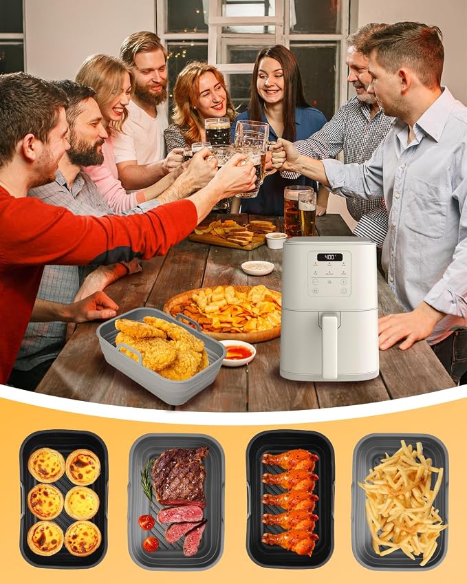Air Fryer Silicone Liners Collapsible 2-Pack for bella Slim 4Qt(3.3lb) | Reusable Airfryer Silicone Pot Baking Basket Insert Accessories, Non Stick, Easy Cleaning, Gray+Black
