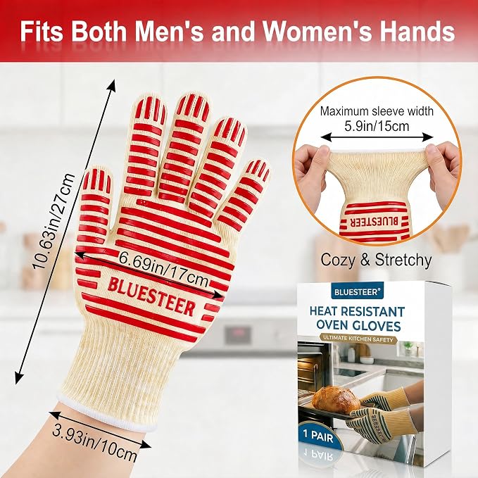 Oven Gloves, Heat Resistant 540 Degrees Grilling Gloves, Hot Surface Handler Non-Slip Silicone Oven Mitts with Fingers, BBQ Gloves for Cooking/Kitchen/Baking, Pack of 2