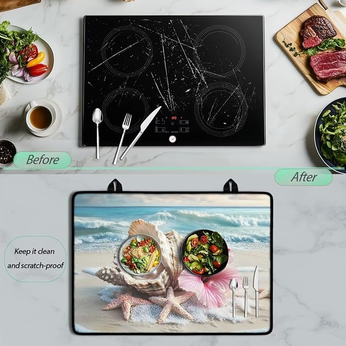 Beach Starfish Seashell Flower Stove Cover 30"x21" Heat Resistant Multi-Functional Counter Protector Non-slip Waterproof Mat for Glass Stovetop Protector Easy to Clean