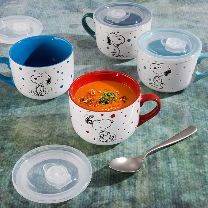 Peanuts Freckled Joy Soup Bowls 23 oz Stoneware with Clear Lids 4 Pack Assorted Colors Kitchen Food Storage