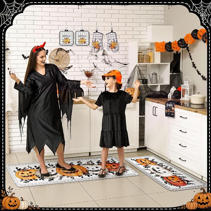 Fanfanwin 10 Pcs Halloween Pumpkin Kitchen Decor and Accessories Set Kitchen Towels Rugs Pot Holders Oven Mitts Set Halloween Decorations for Cooking Baking Housewarming Gifts