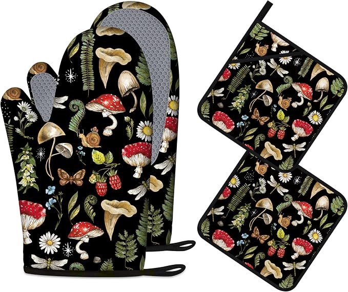 Mushroom Oven Mitts and Pot Holders Sets of 4 Heat Resistant Silicone Oven Mitts Gloves Non-Slip Kitchen Mittens Potholders for Cooking Baking Grilling BBQ